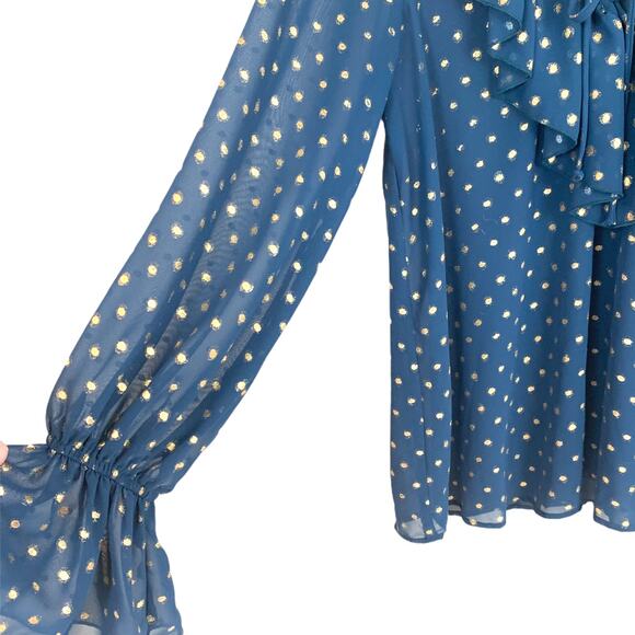 Show Me Your Mumu Elton Ruffled Lace Up Blouse Teal Gold Polka Dot M Medium - Picture 6 of 12